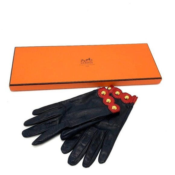 HERMES Fashion Accessories apparel Gloves Leather Navy / Red - Picture 1 of 15